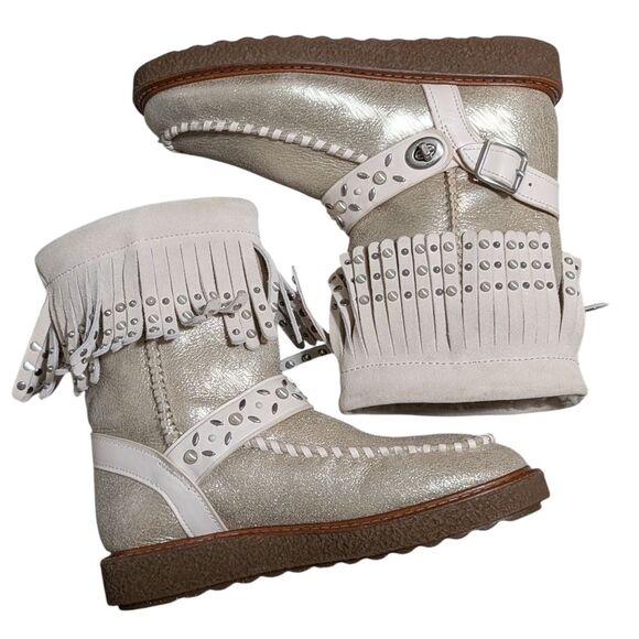 Coach Roccasin Shearling Boot size 6B metallic pearl fringe studded Moccasin - Picture 8 of 12